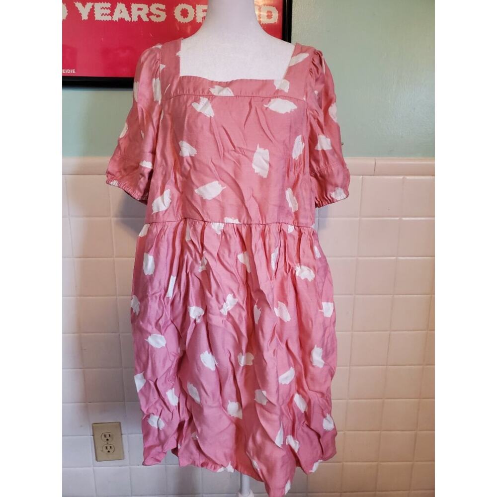 Loft Pink White Patterned Square Neck Babydoll Mini Dress Women's Size Large - Picture 9 of 9